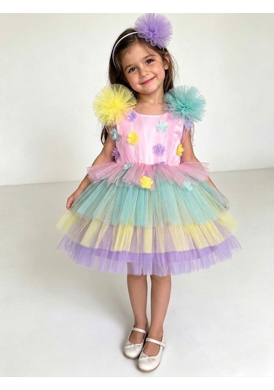 Kız Çocuk Pastel Renkli Çiçek Detaylı Tüllü Prenses Elbise Taçlı Özel Gün Elbisesi 2809 Mavi Kız Çocuk Pastel Renkli Çiçek Detaylı Tüllü Prenses Elbise Taçlı Özel Gün Elbisesi 2809 Mavi
