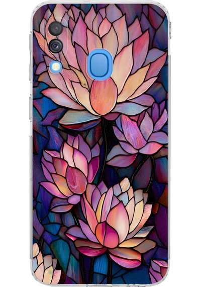 Printify Samsung Galaxy A40 İle Uyumlu Vitray Sessiz Lotus Tasarımlı Şeffaf Silikon Kılıf Şeffaf