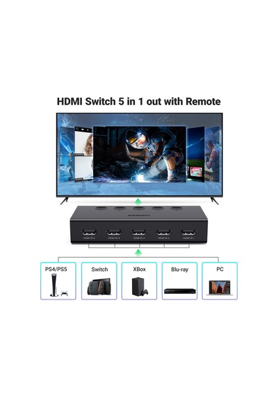 Hdmı Anahtarı 5'i 1 Arada Çıkış 4k 60hz, Uzaktan Kumandalı Hdmı Bölücü 5 Bağlantı Noktalı Switcher Seçici Kutu Desteği 3d Cec Hdr Hdcp2.2 Ps5/4/3 Xbox Nintendo Switch İle Uyumlu Roku Tv Fire
