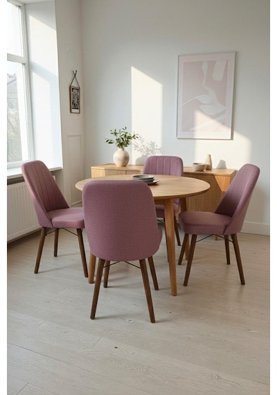 Nora 4 Adet Sandalye - Keten Kumaşlı Sandalye Modern Ahşap Ayaklı Yemek & Çalışma Sandalyesi Minimal Tasarım Pembe