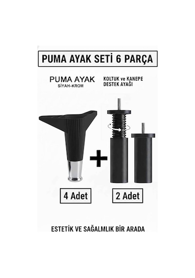 Puma 15 Cm Siyah-krom 6'lı Set Mobilya Kanepe Tv Ünitesi Dolap Konsol Ve Destek Ayağı Siyah-krom