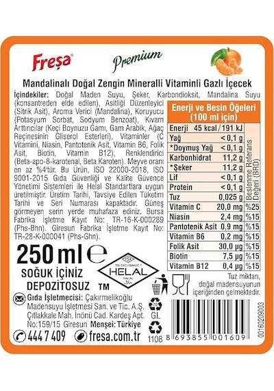 Freşa Premium Mandalinalı Vitaminli Maden Suyu 250 Ml X 24 Adet