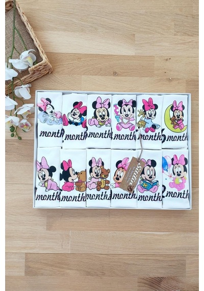 Sitilin Aylık Kız Badi Set 12 Ay Her Ay Özel Mickey Baskılı Uzun Kollu Çı Pembe