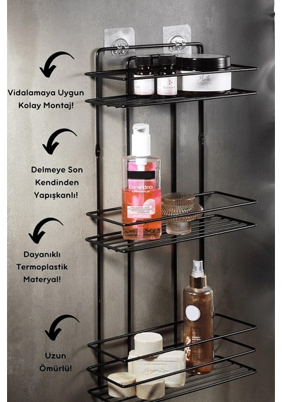 Sas Haus Yapışkanlı Banyo Rafı Siyah Delmeden Montaj Duş Şampuanlık, Paslanmaz Metal, Siyah Organizer Diğer
