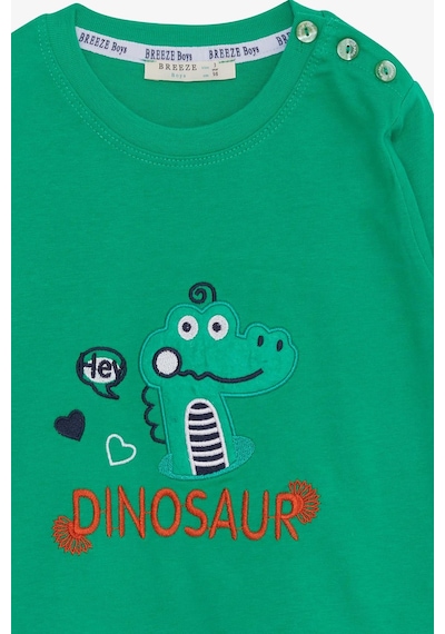 Breeze Erkek Bebek Uzun Kollu Tişört Dinozor Nakışlı 9 Ay-3 Yaş, Yeşil