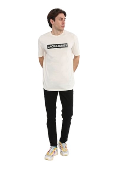 Jack & Jones Pin 12249605 Logo Baskılı Erkek Tişört Beyaz