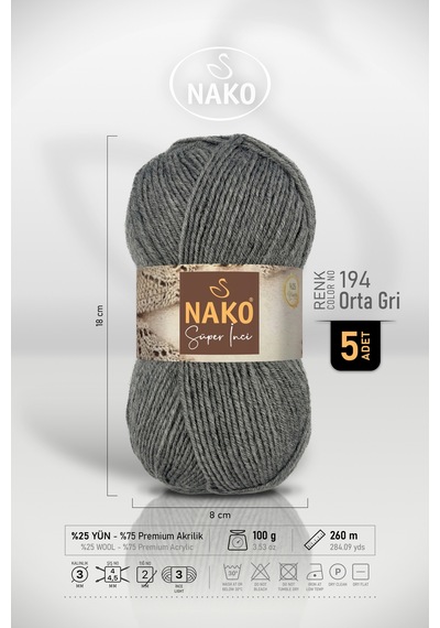 Süper İnci - 194 Orta Gri - 5'li Paket - 100gr/260m - El Örgü İpi - Atkı Yelek Kazak İpi