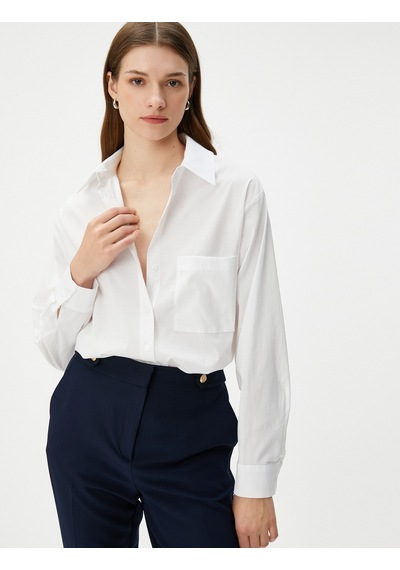 Koton Oversize Gömlek Uzun Kollu Düğmeli Cepli Kırık Beyaz 4wak60542uw 4WAK60542UW001 Ekru