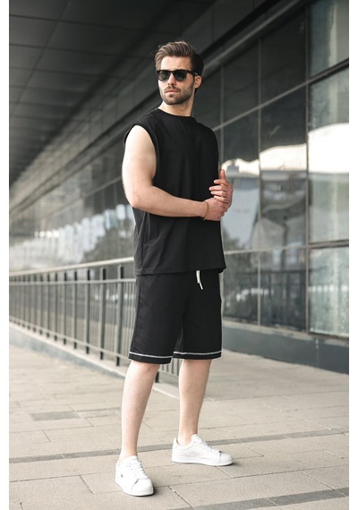 Madmext Siyah Bisiklet Yaka Kolsuz Erkek Şort T-shirt Takım E7351 Siyah