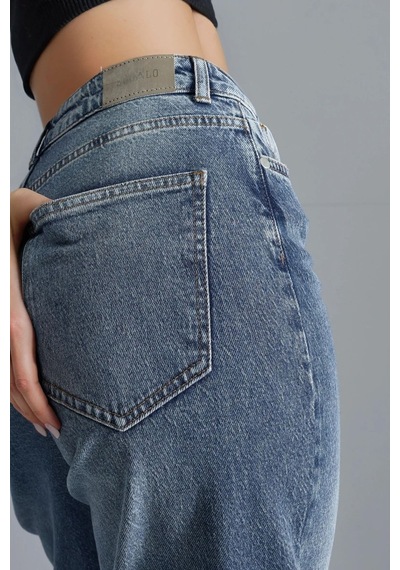 Hiccup Squalo Yüksek Bel Geniş Paçalı Kot Pantolon Orta Mavi Denim