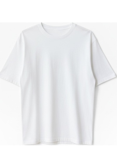 Feg Store %65 Pamuklu Kadın Oversize Sarı Fit Bisiklet Yaka T-shirt Beyaz
