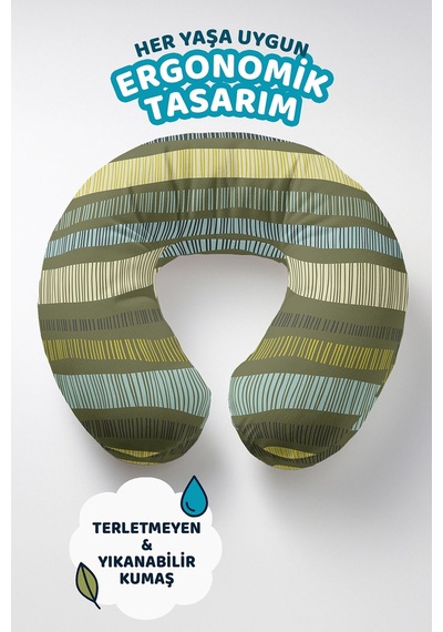 Modern Çizgili Pamuklu Boyun Yastığı - Doğal Yeşil Sarı Mavi Desenli Yetişkin Seyahat Yastığı Çok Renkli