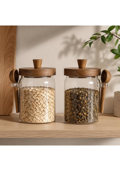 2'li Kaşıklı Akasya Kapaklı Cam Kavanoz Seti 700 Ml Erzak Saklama Çok Renkli