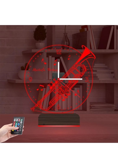 Luvivia Trompet Enstrüman Müzik Nota Kişiye Özel Saatli 3d Lamba - Masa Gece Lambası Şeffaf
