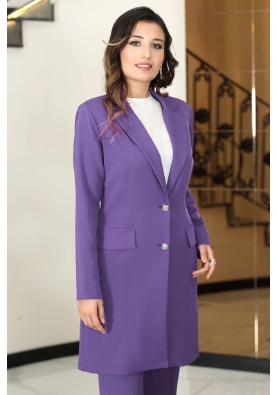 Esilanur Parla Uzun Ceket Pantolon İkili Tesettür Takım Lavanta Lavanta