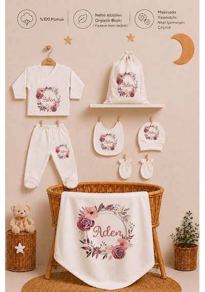 Pia Baby Kız Bebek Hastane Çıkışı 8 Parça %100 Pamuk İsimli Organik Baskılı Kese Hediye Zıbın Seti 1006zybk0x Krem