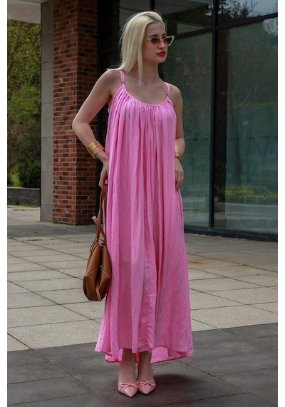 Madmext Pembe Halter Yaka Askılı Uzun Basic Kadın Elbise Mg2163 Pembe