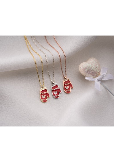 925 Ayar Papatya Silver Kırmızı Eldiven Kolye.rose.gold.rodaj Gümüş