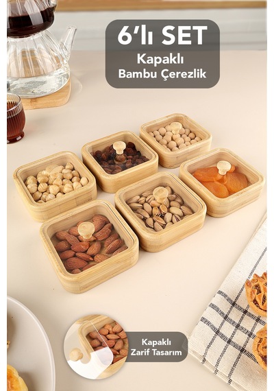 6'lı Kapaklı Bambu Çerezlik Seti - Kahve Yanı Sunum Kasesi Sunumluk Kahvaltılık Bambu Kase Bej