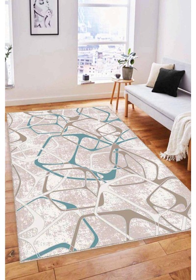 Turkuaz Geometrik Kaymaz Tabanlı Dekoratif Halı Lk008