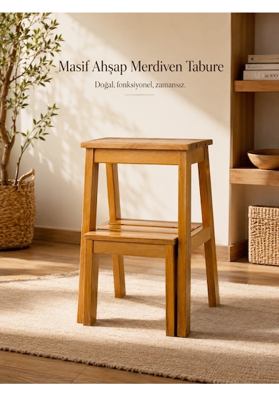 Gündays Home Merdiven Tabure Naturel Masif Gürgen Ağacı El Yapımı Naturek