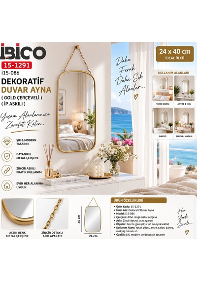 İbico Dekoratif Duvar Aynası Gold Çerçeveli İp Askılı 24x40 Cm- 18'li Paket