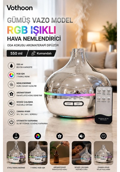 Gümüş Vazo Model Rgb Işıklı Hava Nemlendirici & Aromaterapi Difüzör 550 Ml Kumandalı
