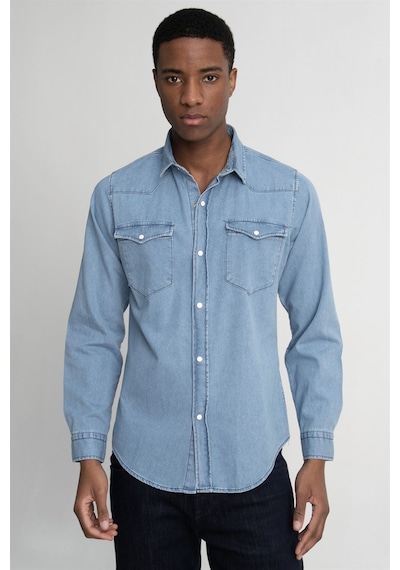 Tudors Slim Fit Çift Cep Kapaklı Parça Dikişli Denim Erkek Mavi Gömlek-26882-mavi Mavi