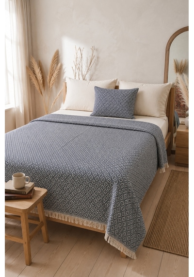 Dokuma Pike Çiftkişilik 200x220 Çok Amaçlı Bohem Yatak Örtüsü İndigo