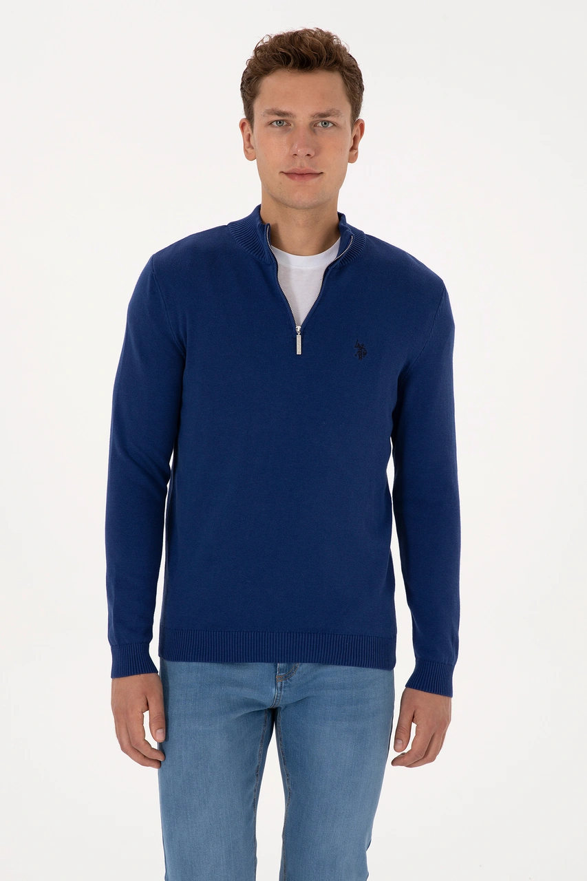 U.S. Polo Assn. Erkek Slim Fit Yarım Fermuarlı İndigo Basic Kazak 50313695-VR028