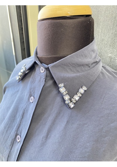 Pera Moda Yakası Taşlı Modal Kumaş Oversize Kadın Gömleği Antrasit