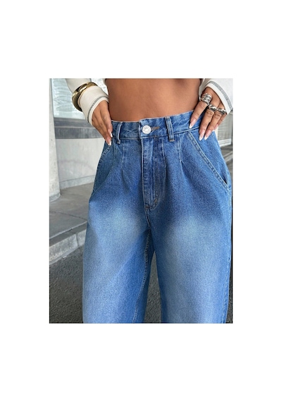 Kene Jeans Yüksek Bel Mavi Ön Arka Pensli Ön İşlemli Baggy Bol Paça Jeans Mavi
