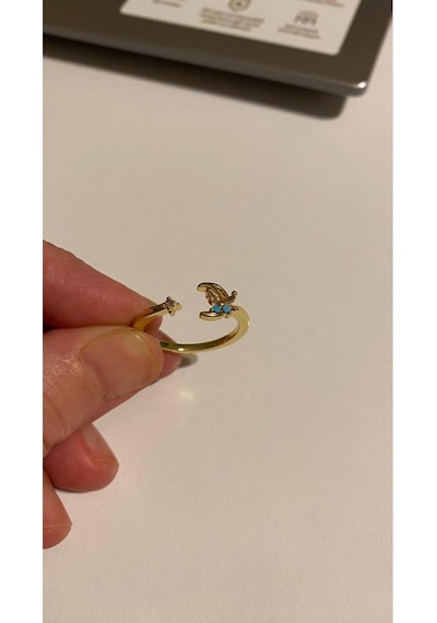 Ay Kelebek Ve Tektaş Tasarım Yüzük Zirkon Taşlı Çelik Gold - Gümüş