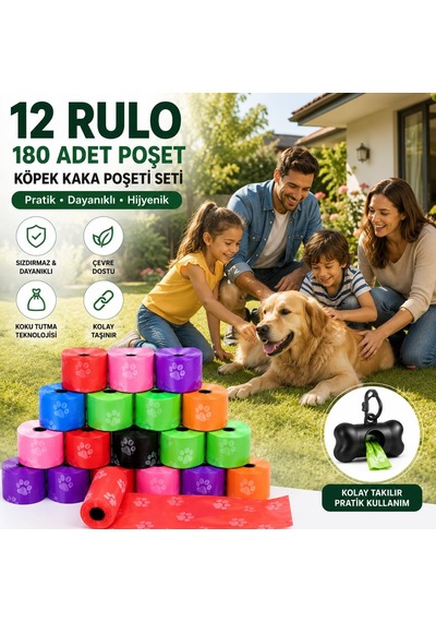 Köpek Kaka Poşeti Seti, 12 Rulo 180 Torba, Dayanıklı Ve Sızdırmaz Atık Torbaları, Çevre Dostu Köpek Dışkı Toplama Poşeti, Evcil Hayvan Tuvalet Temizlik Çözümü