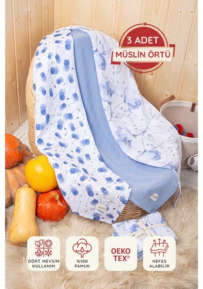 Luckka Dijital Baskılı 3'lü Müslin Örtü Seti - 75x75 Cm - Zt5000 Mavi Mavi