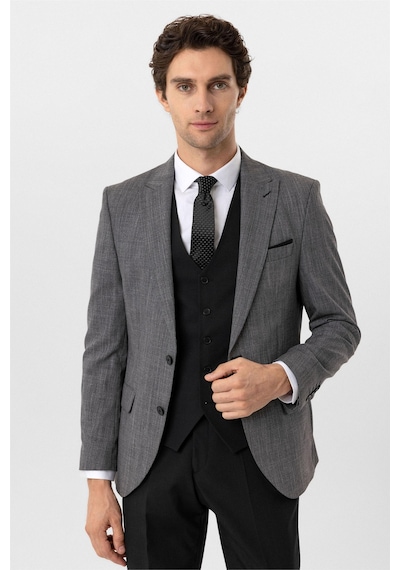 Süvari Siyah Slim Fit Desenli Sivri Yaka 6 Drop Yelekli Klasik Takım Elbise-35685 Siyah