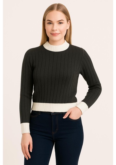 Hira Life Fashion Kadın Bisiklet Yaka Fitili Ve Şerit Detaylı Crop Triko Kısa Kazak Siyah Siyah Hira Life Fashion Kadın Bisiklet Yaka Fitili Ve Şerit Detaylı Crop Triko Kısa Kazak Siyah Siyah