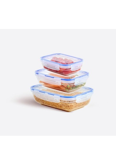 3 Parça Contalı Kapaklı Dikdörtgen Set 565-975-1675 Ml Vakumlu Contalı Kapaklı Saklama Kabı 3 Parça Set Mavi - Şeffaf