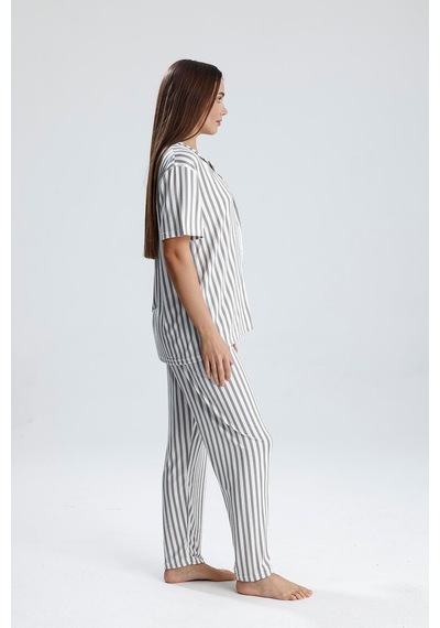 Kompedan Kadın Önden Düğmeli Pijama Takım Gri Çizgili Çzg Gri