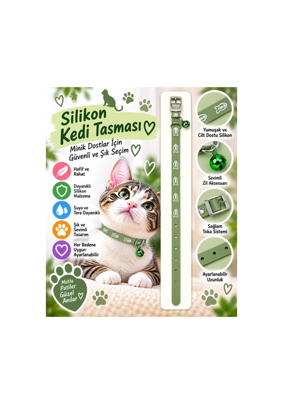 Silikon Kedi Tasması Haki Yeşil Balık Desenli Zilli Suya Dayanıklı Ayarlanabilir Boyun Tasması