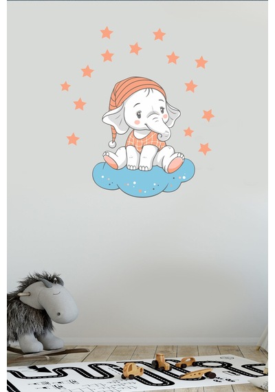 Bulutta Oturan Sevimli Fil ve Yıldızlar Çocuk Odası Duvar Sticker