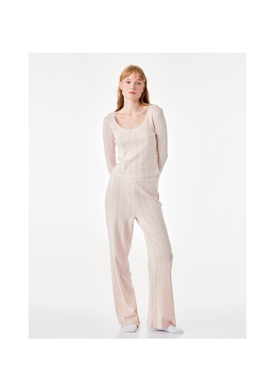 Koton Pamuklu U Yaka Fiyonk Detaylı Uzun Kollu Pijama Takımı Pembe 7wlk40212mk Gül