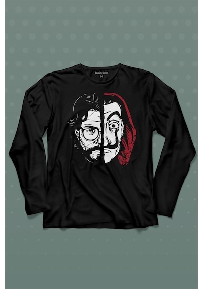 La Casa De Papel Profesör Proffessor Dali Mask Yarım Yüz Half Face Uzun Kollu Tişört Baskılı T-shirt 001