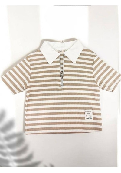 Zekids Kız Çocuk Polo Yaka Çizgili T-shirt-14393 Vizon