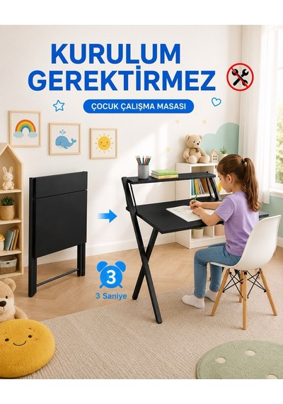 Dobo Çocuk Öğrenci Ders Masası Katlanır Çalışma Masası Siyah - Siyah