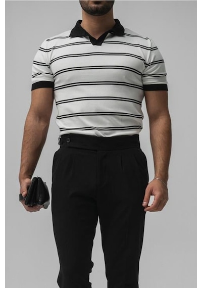 Tarz Cool Erkek Paralel Polo Yaka Slim T-shirt Beyaz
