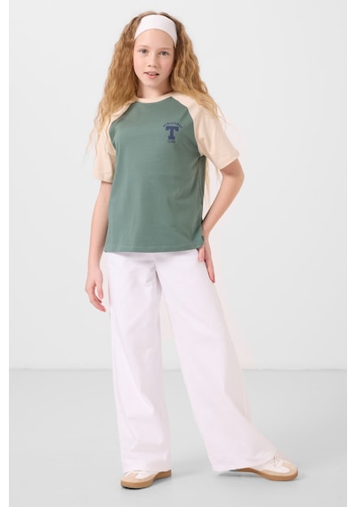 Açık Yeşil O Yaka Pamuklu Baskılı Oversize Fit Kız Çocuk T-shirt - 75179 Yeşil