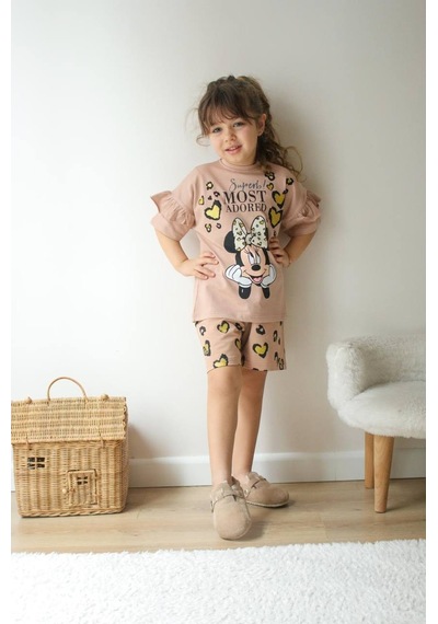 Miniko Kids Kız Çocuk Karakter Modelli Baskılı Şortlu Pamuk Takım Kahverengi
