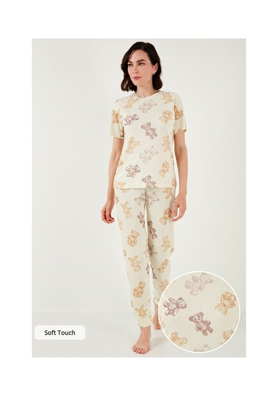 Lela Regular Fit Kısa Kollu Bayan Pijama Takımı 65740104 Bej