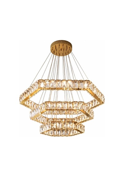 Kristal Taşlı Led Avize Modern Lüks Sarkıt 3 Renk Kumandalı Altıgen Salon Villa Avizesi Altın